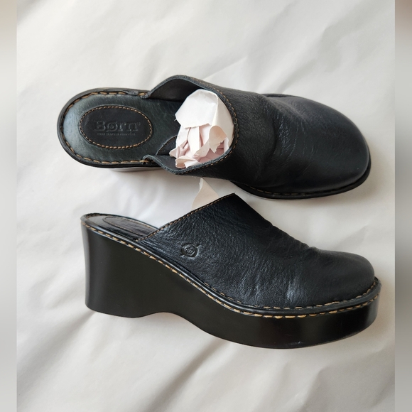 Born Shoes - Born Black Leather Wedge Clog - Women's Slip-On Size 10